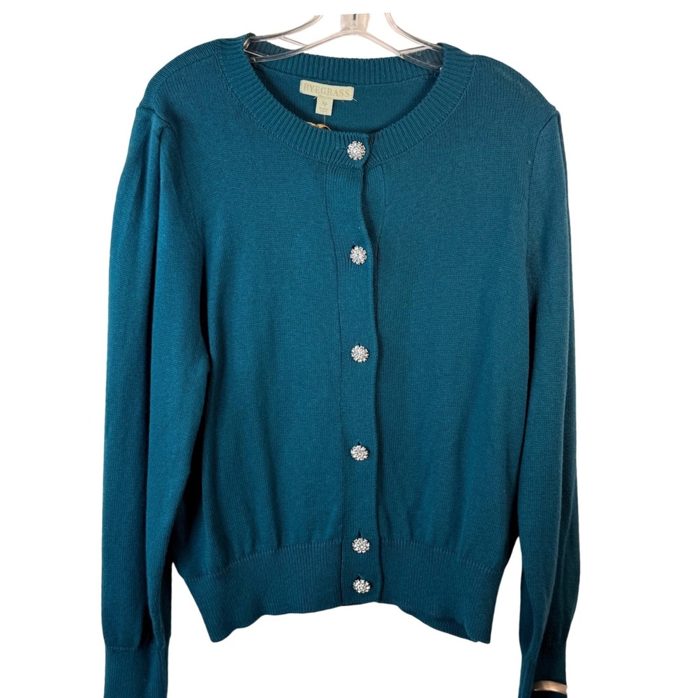 Ryegrass Cardigan Women XL Celestial Teal Cotton Cashmere Rhinestone Button NEW